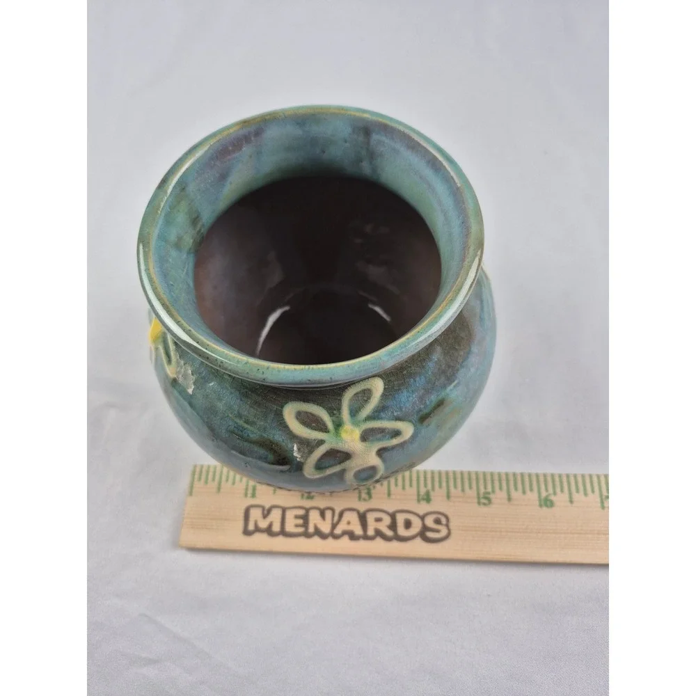 Vintage Studio Art Pottery Bud Vase Handmade Ceramic Teal Blue Floral Signed